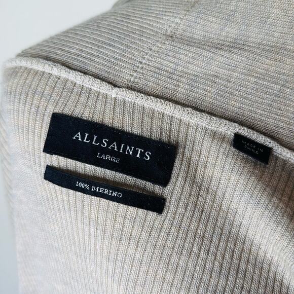 All Saints Boston Taupe Mode Merino Ramskull Open Cardigan - Picture 4 of 8